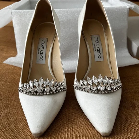 Jimmy Choo Women's White Romy 85 Ivory Satin Pointy Toe Pumps With Crystal Tiara